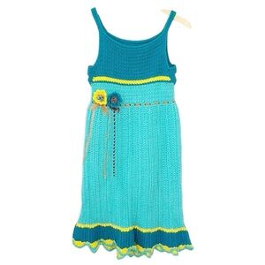 Turquoise & Teal Crochet Tank Dress with Yellow Accents